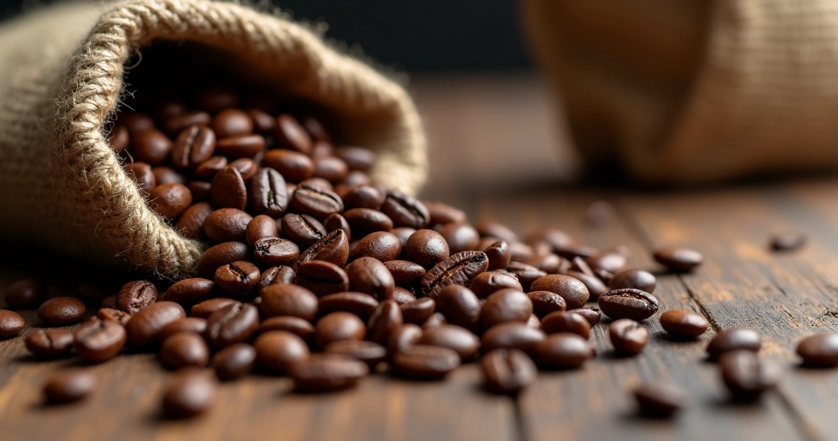 Grãos de café arábica selecionados sobre mesa rústica 
