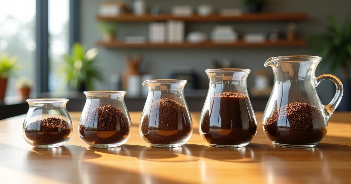 Grãos de café em fileiras com diferentes níveis de moagem