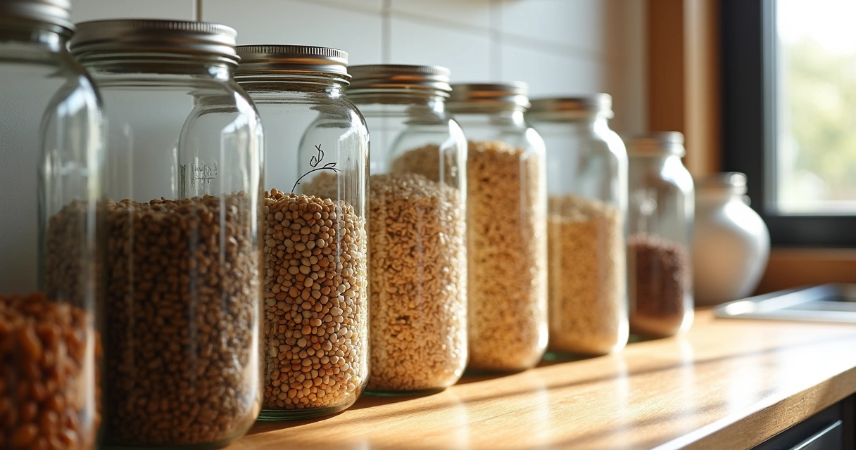 Grãos coloridos organizados em potes de vidro 