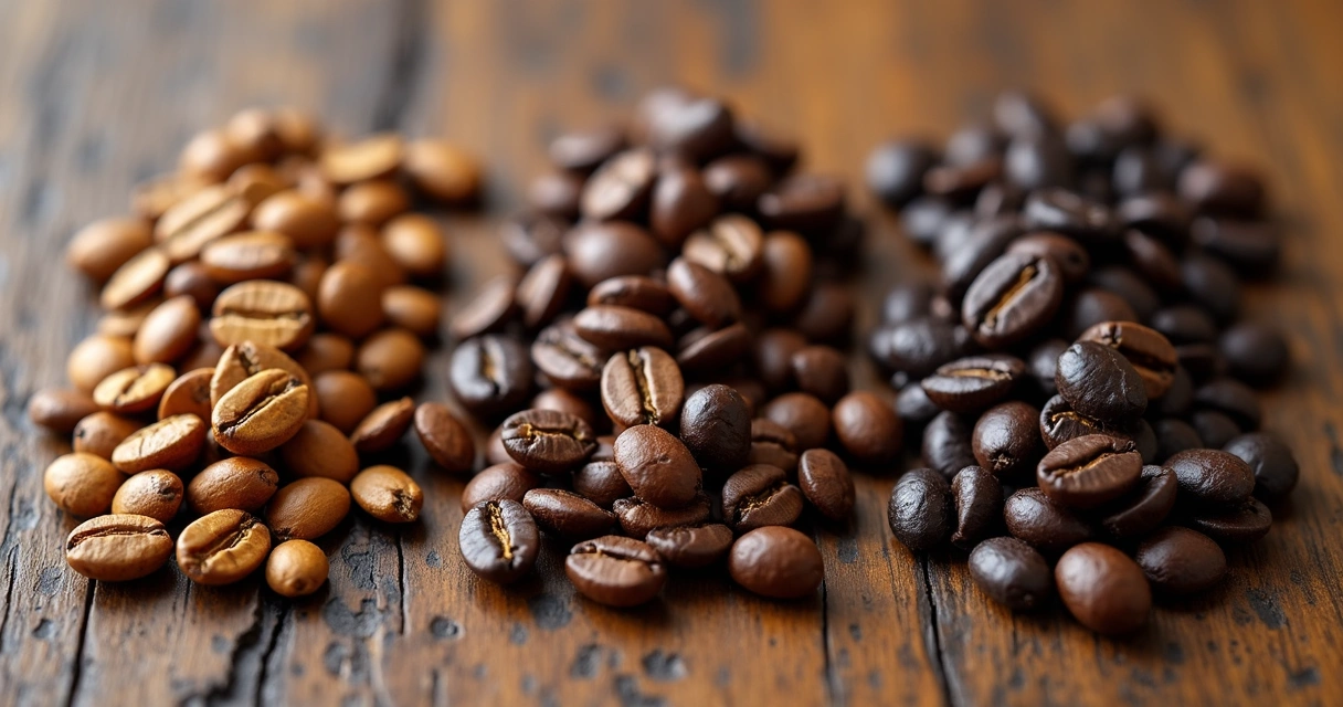 Grãos de café de diferentes graus de torra lado a lado 