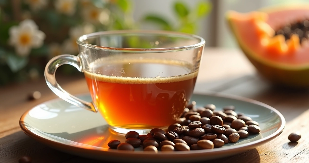 Xícara de café filtrado ao lado de grãos Geisha 