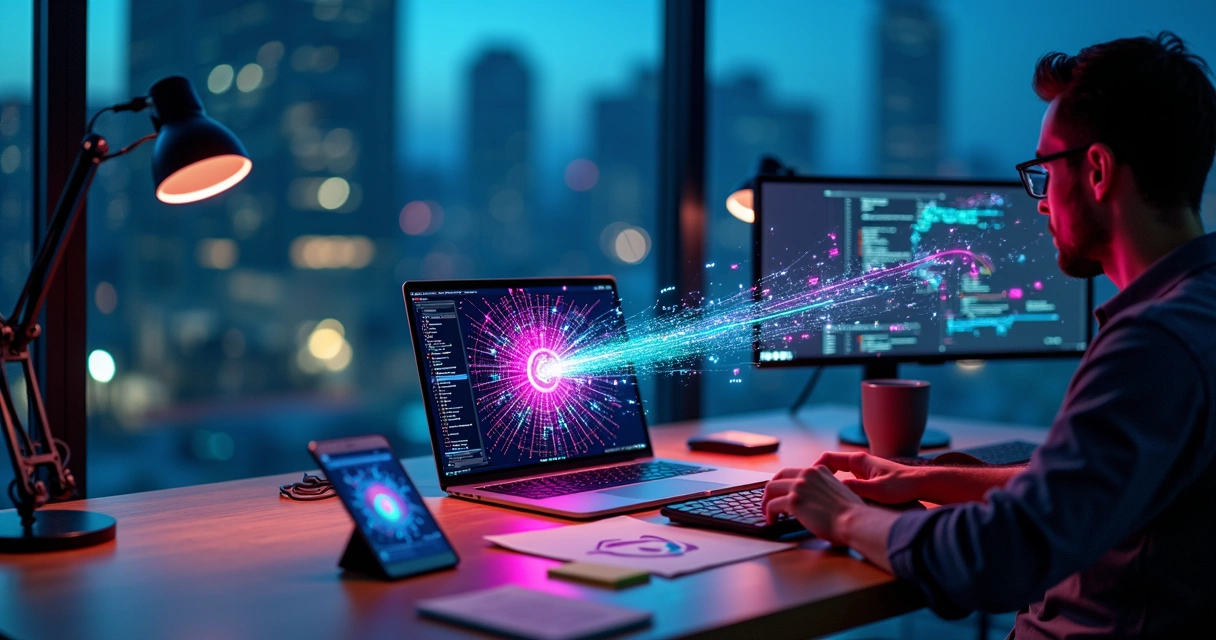 Desenvolvedor conectando múltiplos dispositivos e plataformas com camada central de GraphQL 