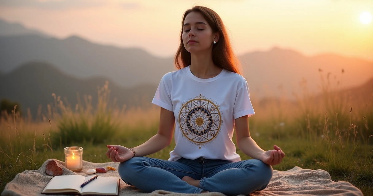 Person meditating outdoors wearing a t-shirt with spiritual symbols 