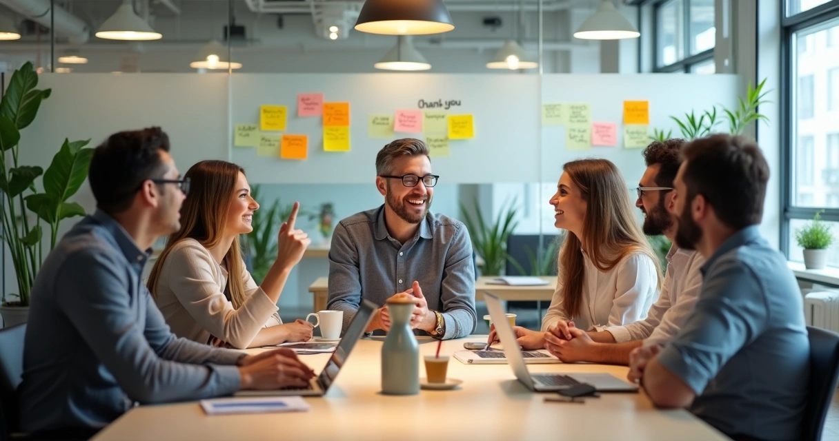 Equipe diversa em reunião de trabalho praticando gratidão no escritório 