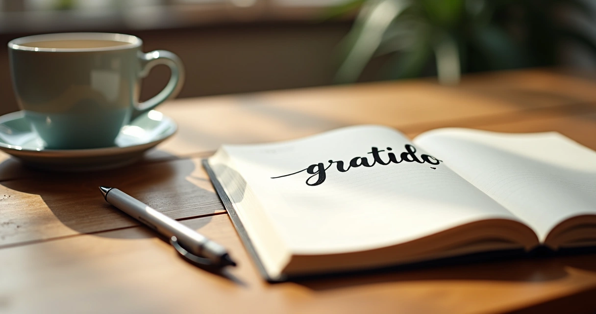 Mesa de escritório com bloco de anotações escrito gratidão ao lado de caneta e xícara de café 