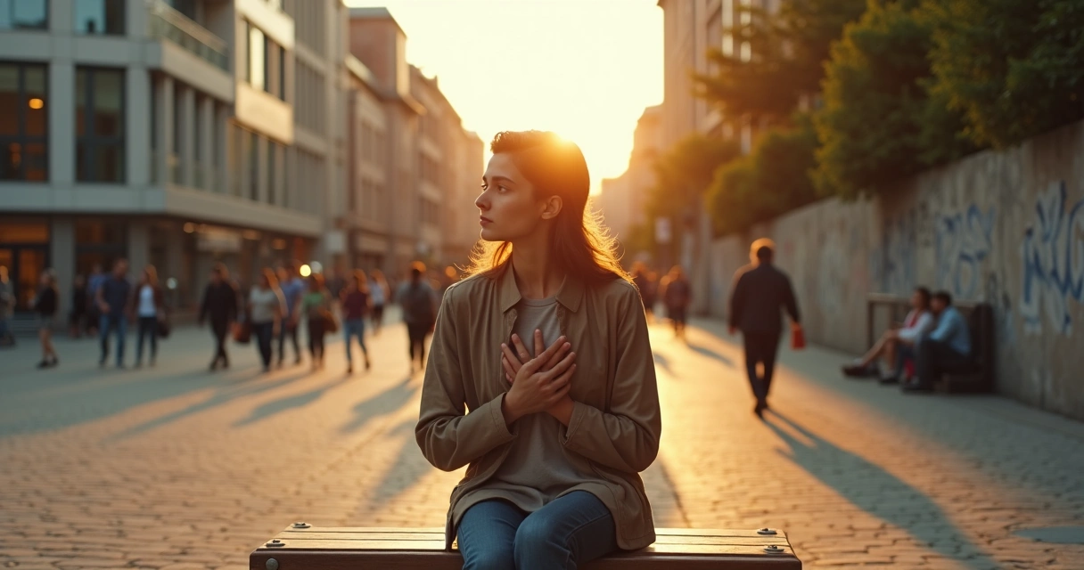 Pessoa em reflexão grata diante de cenário urbano com contrastes sociais 
