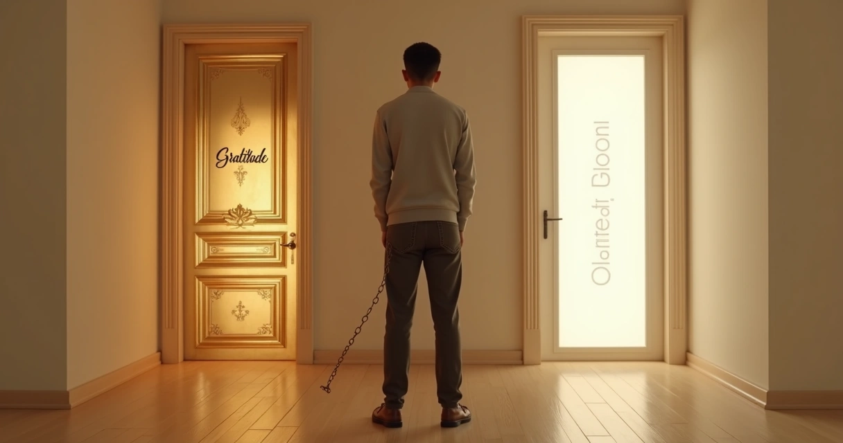 Pessoa diante de duas portas, uma dourada com palavra gratidão e outra simples para o crescimento 