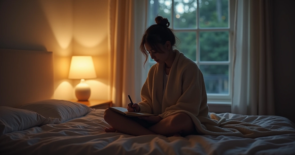 Pessoa escrevendo em diário sentada na cama durante a noite 