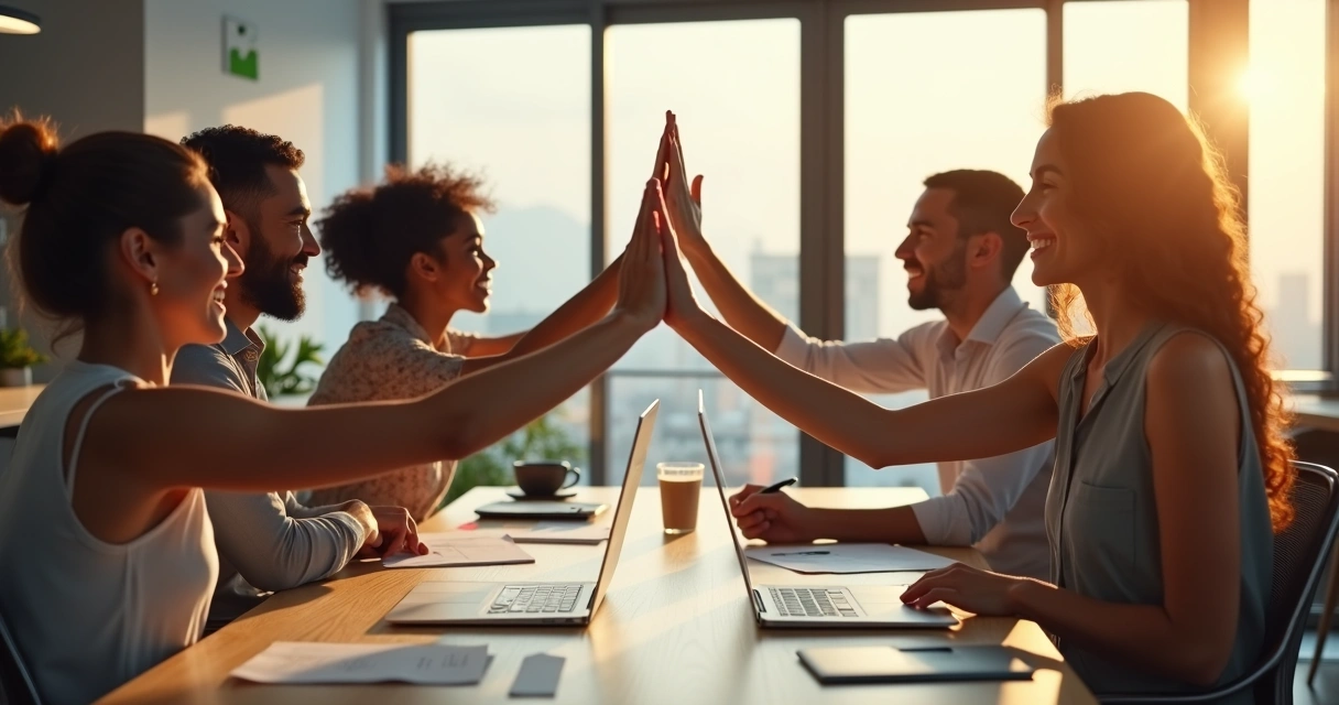 Pessoas de diferentes idades e estilos comemorando juntas com sorrisos em uma sala de escritório moderna 