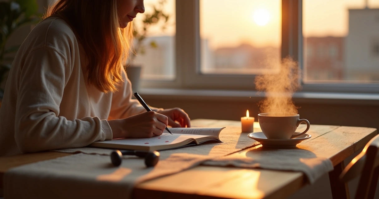 Pessoa fazendo journaling de gratidão ao amanhecer perto de uma janela com luz suave 