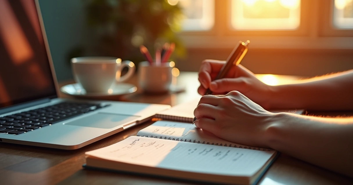 Mãos escrevendo lista de gratidão ao lado de notebook