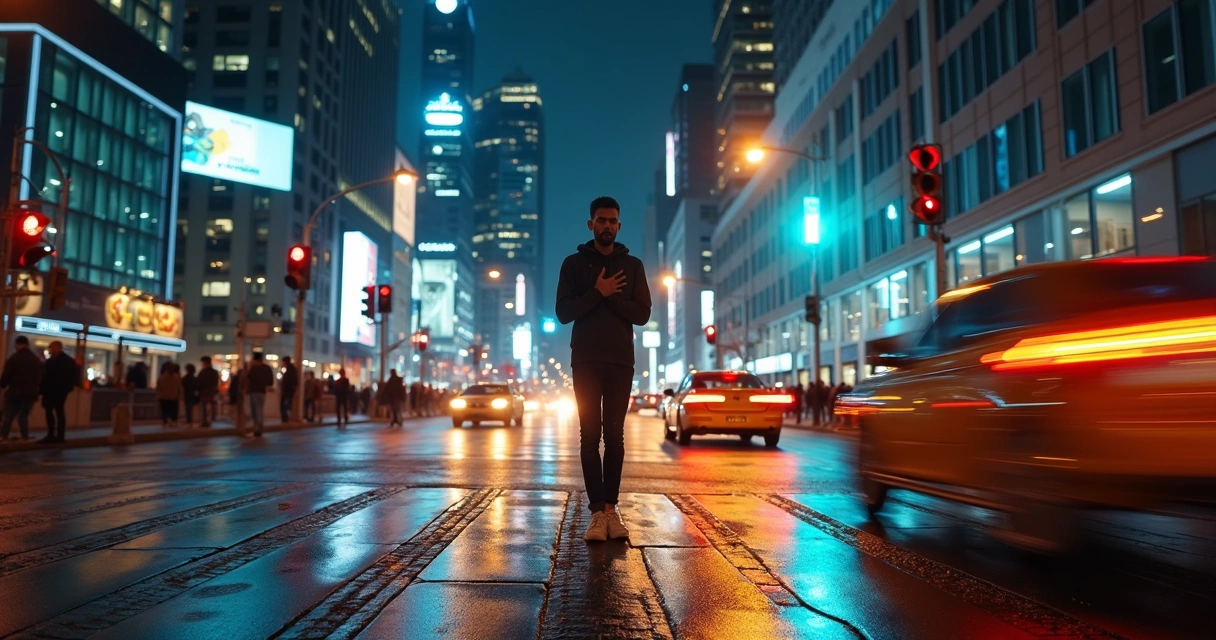 Profissional fazendo pausa consciente em meio ao movimento da cidade à noite 
