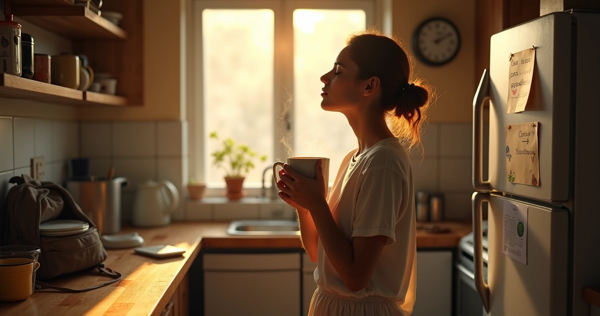 Pessoa respira fundo em cozinha bagunçada enquanto segura caneca de chá quente 