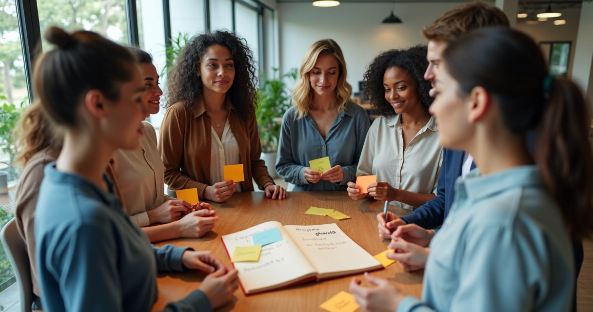 Equipe diversa em roda de gratidão em escritório moderno. 