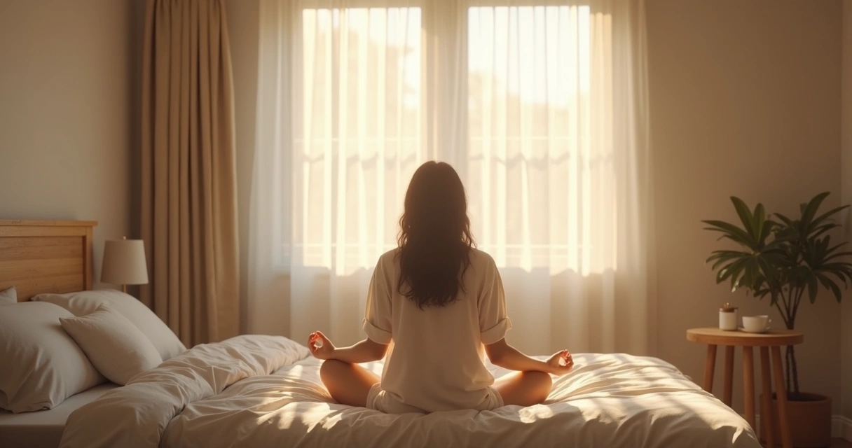 Pessoa sentada à beira da cama olhando a luz da manhã através da janela 