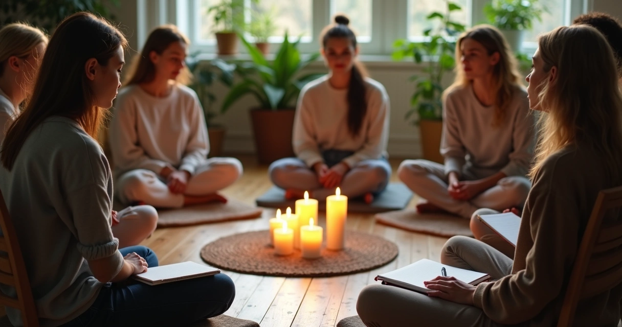 People seated in a circle with candles and journals 