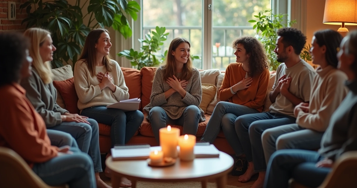 People sitting in a circle, sharing stories and holding hands
