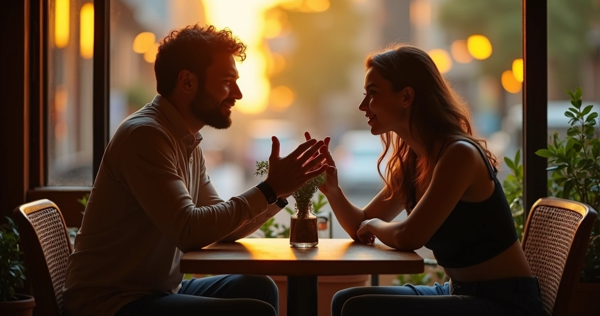 Two people talking at a cozy table with warm lighting, showing connection and understanding through open body language.