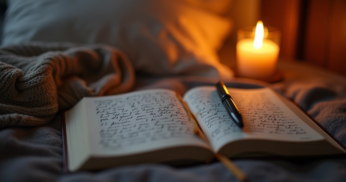 Journal and candle on bedside table with pen 