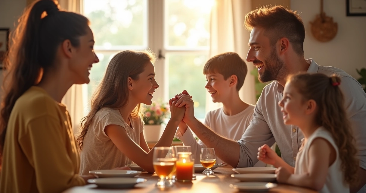 Four people of various ages holding hands around a table, sharing appreciation. 
