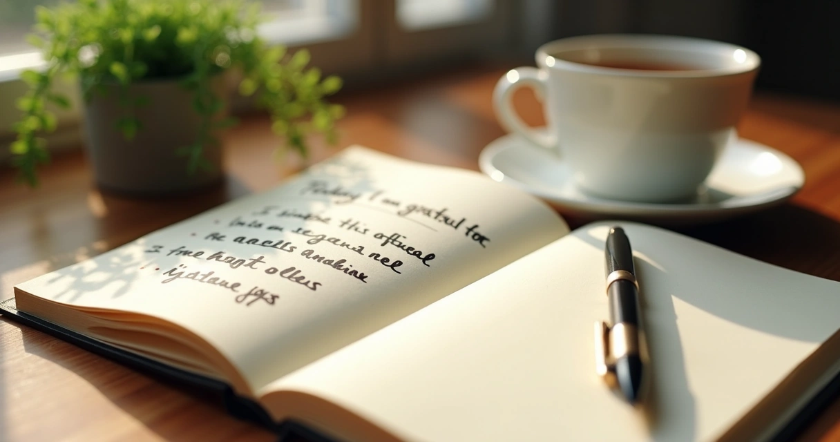 Open notebook with gratitude list and pen