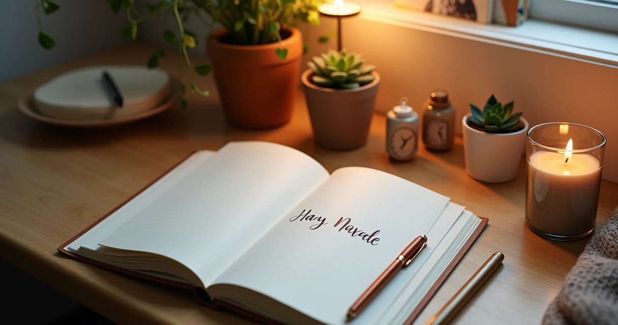 Desk with gratitude journal, candle, and spiritual symbols 
