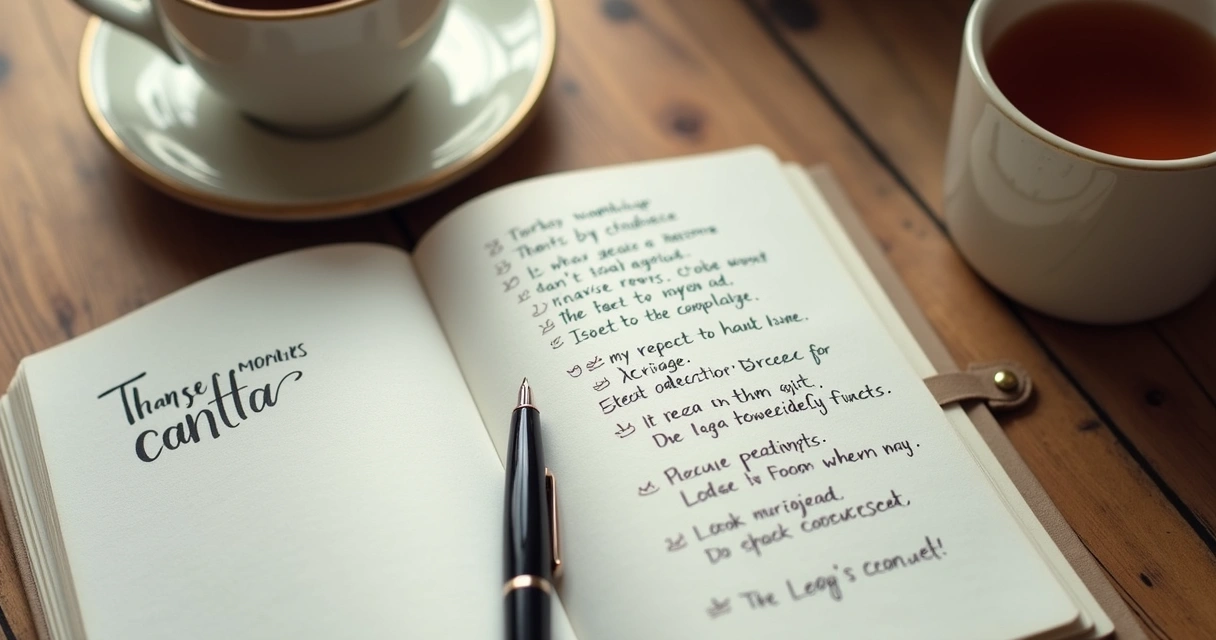 Notebook with gratitude notes beside a cup of tea