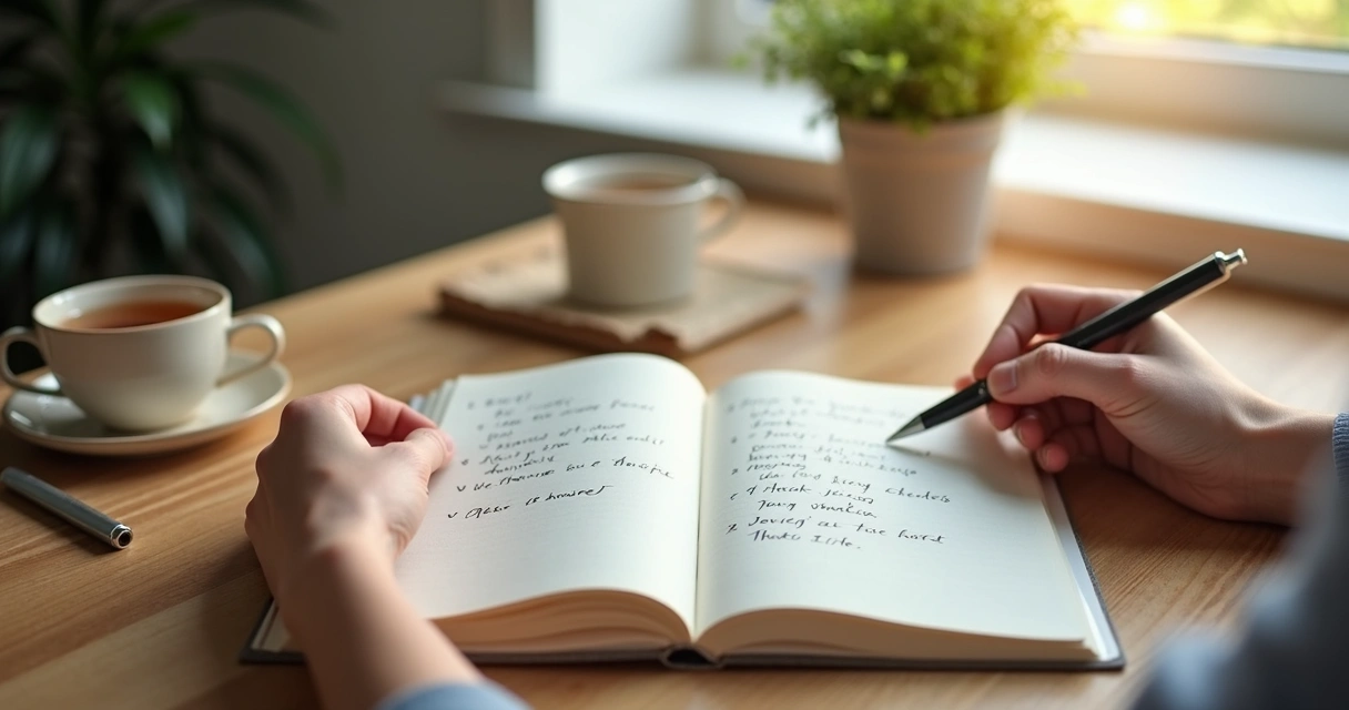 Hands holding a gratitude journal open to a reflection page.