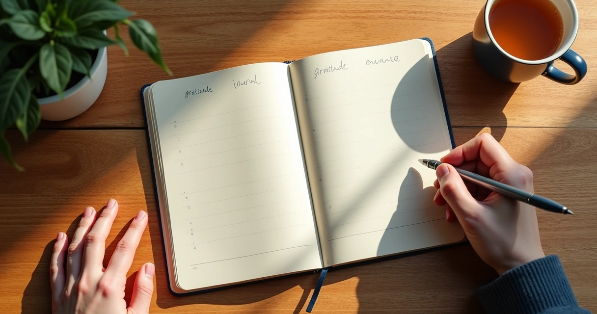 Open gratitude journal on wood table with pen beside and a person's hand writing. 