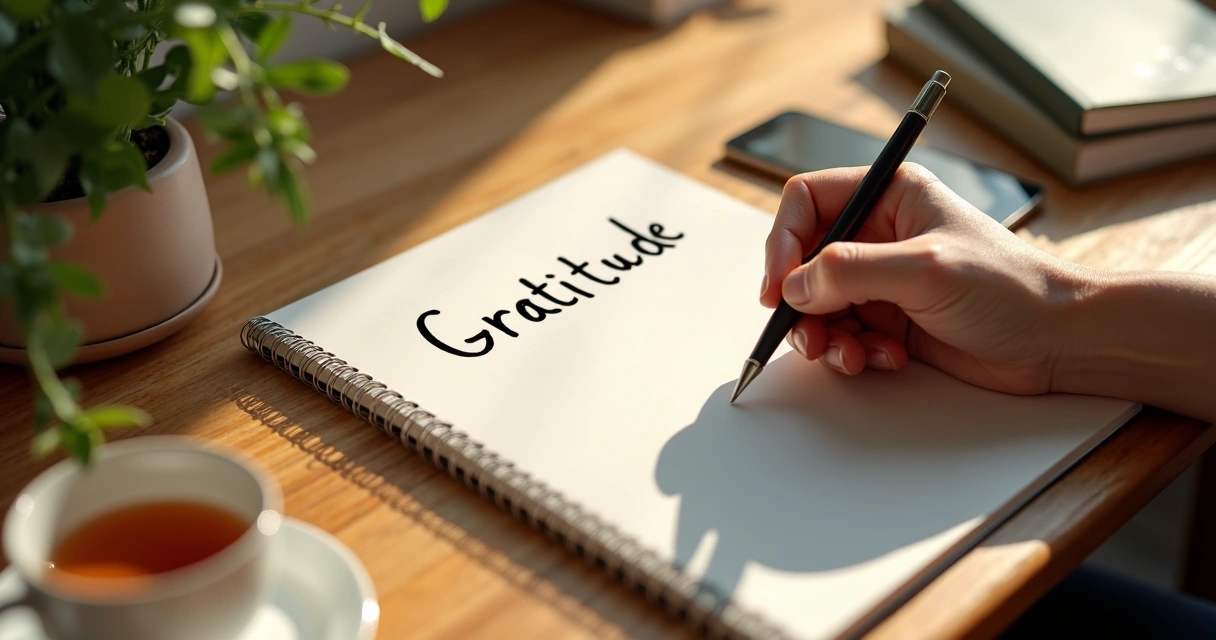 Person writing in a gratitude journal at a wooden desk with natural light. 