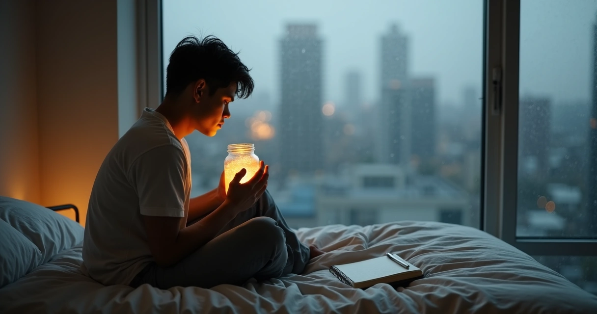 Person holding glowing gratitude jar while turning away from rainy window 