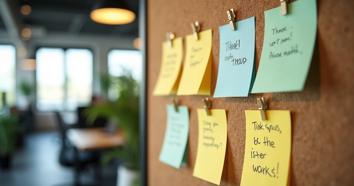 Shared gratitude notes on an office board 