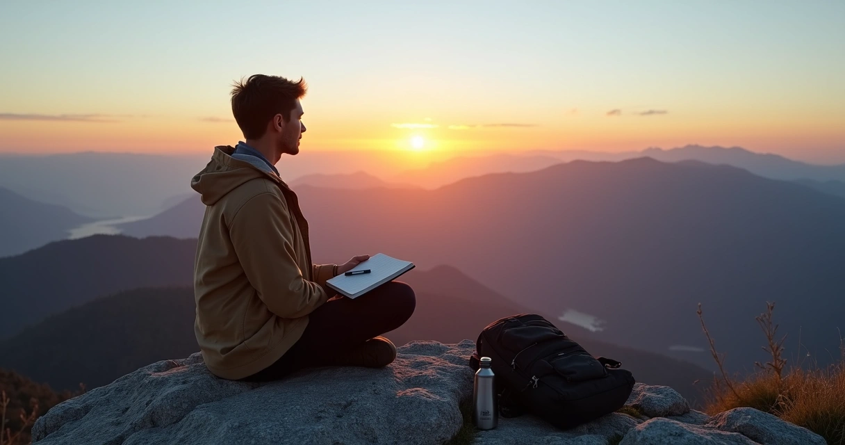 Person on mountaintop journaling while observing sunrise panorama 