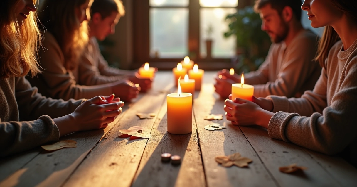 Several people gather around a dining table, lighting candles in a gratitude ritual.