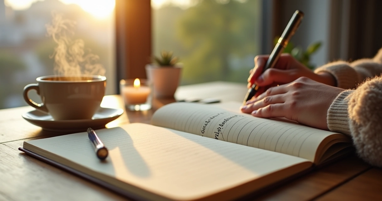 Person journaling a gratitude list near a window with soft morning light 