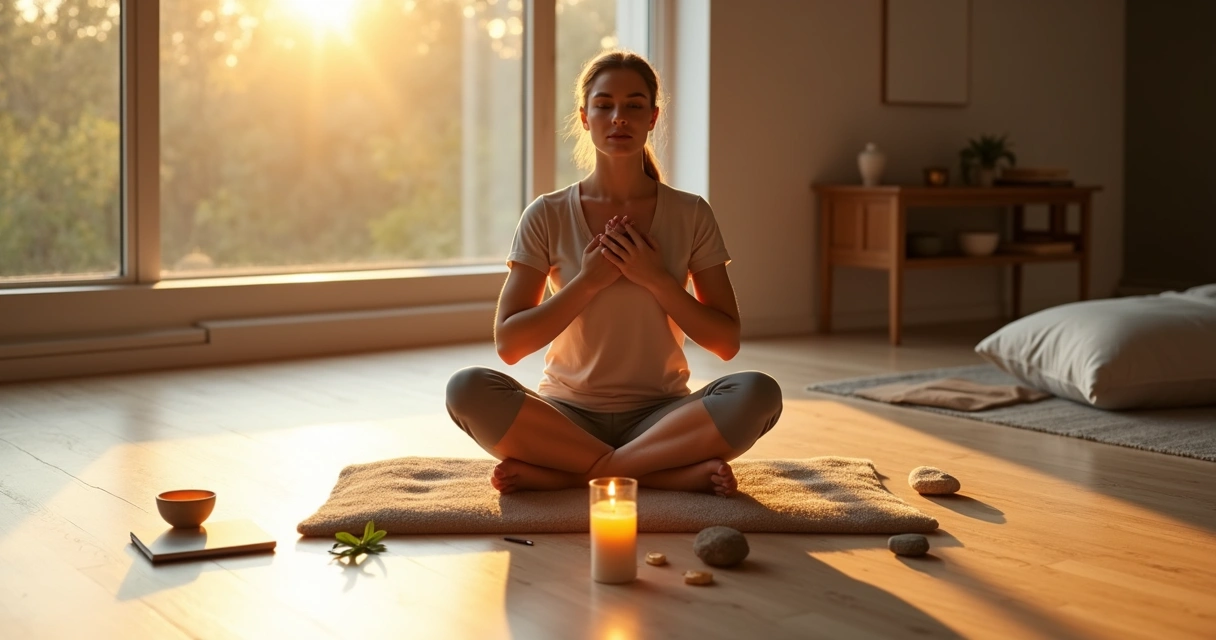 Person in quiet ritual of gratitude surrounded by flowing light connections 