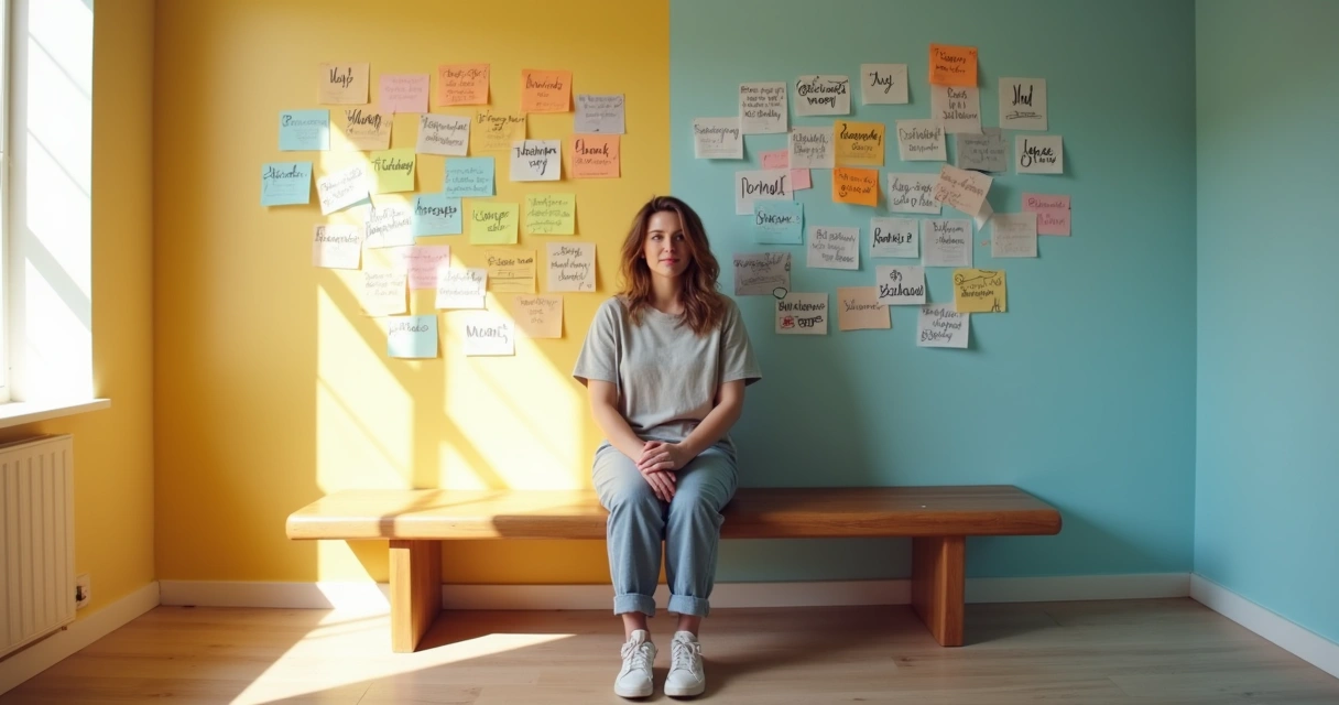 Person sitting between bright gratitude notes and shadowed emotional reflections 