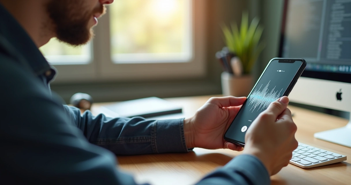 Pessoa gravando áudio em celular em ambiente de trabalho 