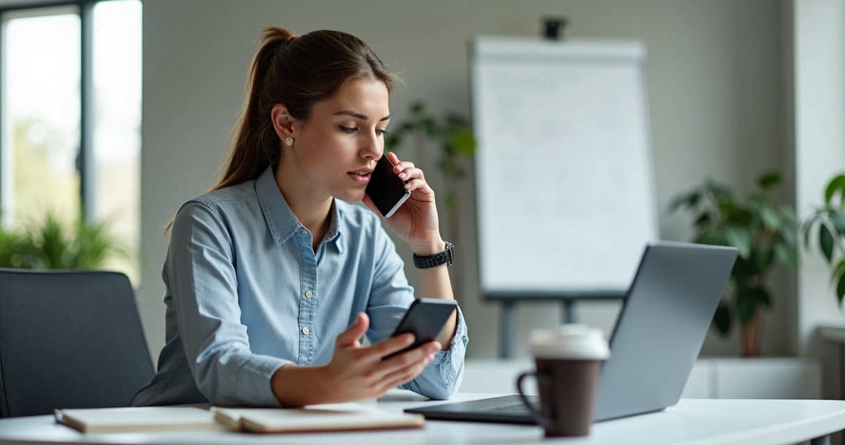 Pessoa gravando áudio em smartphone em mesa de trabalho 