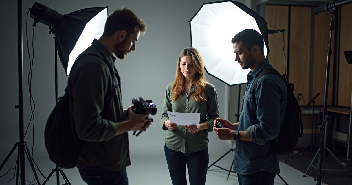 Equipe gravando vídeo com roteiro em mãos 