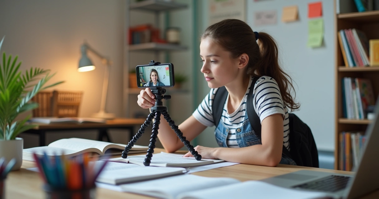 Estudante ajustando smartphone sobre bancada com livros e caderno na frente 