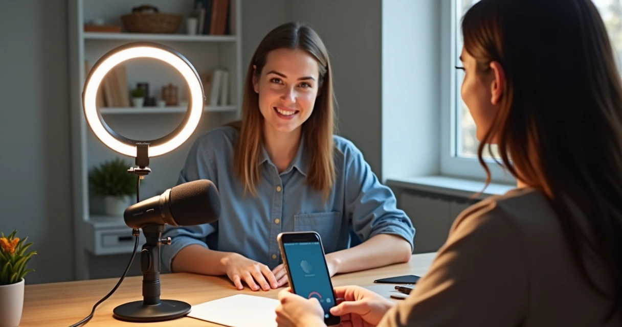 Pessoa gravando aula online com microfone e iluminação adequada 