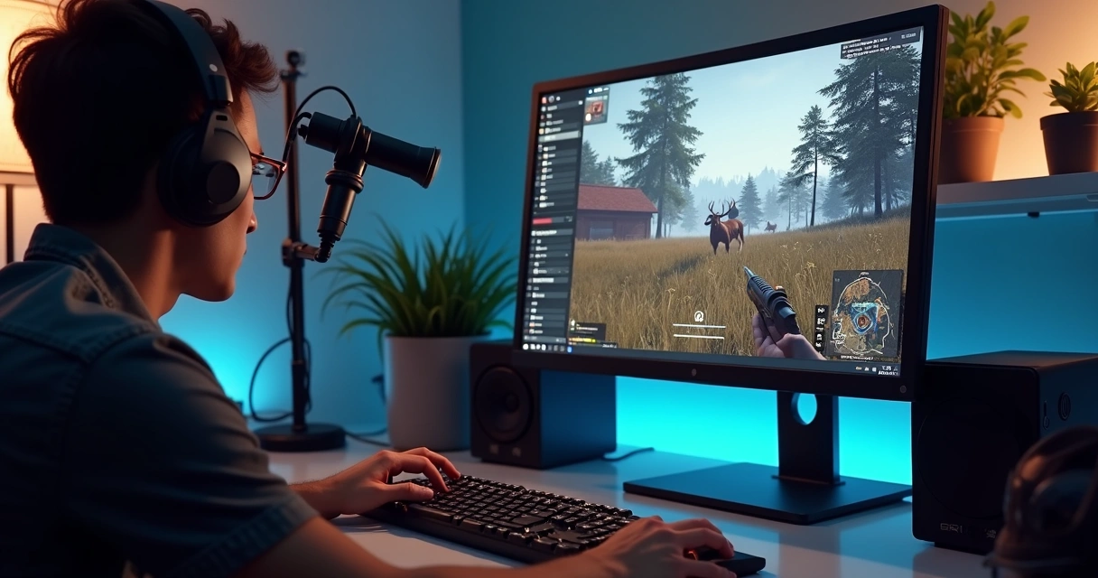 Jogador gravando tela do computador com software aberto e jogo em exibição 