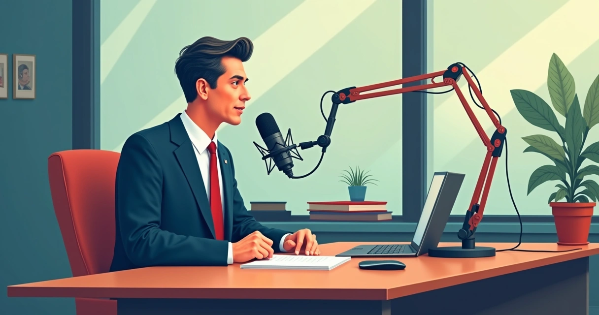 Político adaptando discurso para gravação de podcast em estúdio moderno