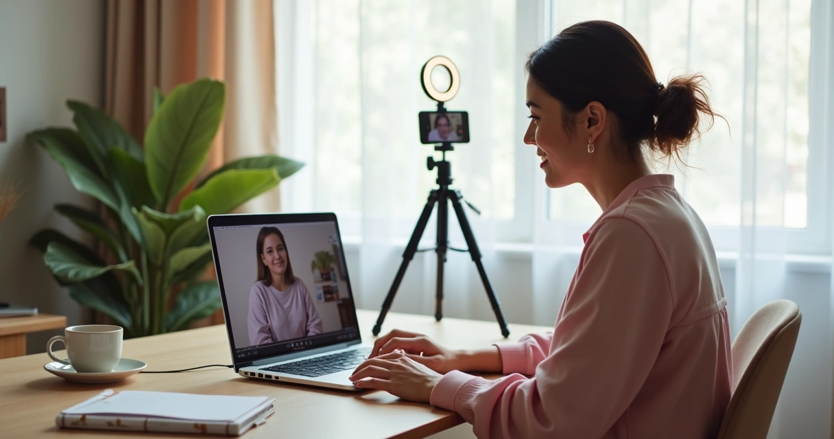 Mulher gravando vídeo em home office para o YouTube 