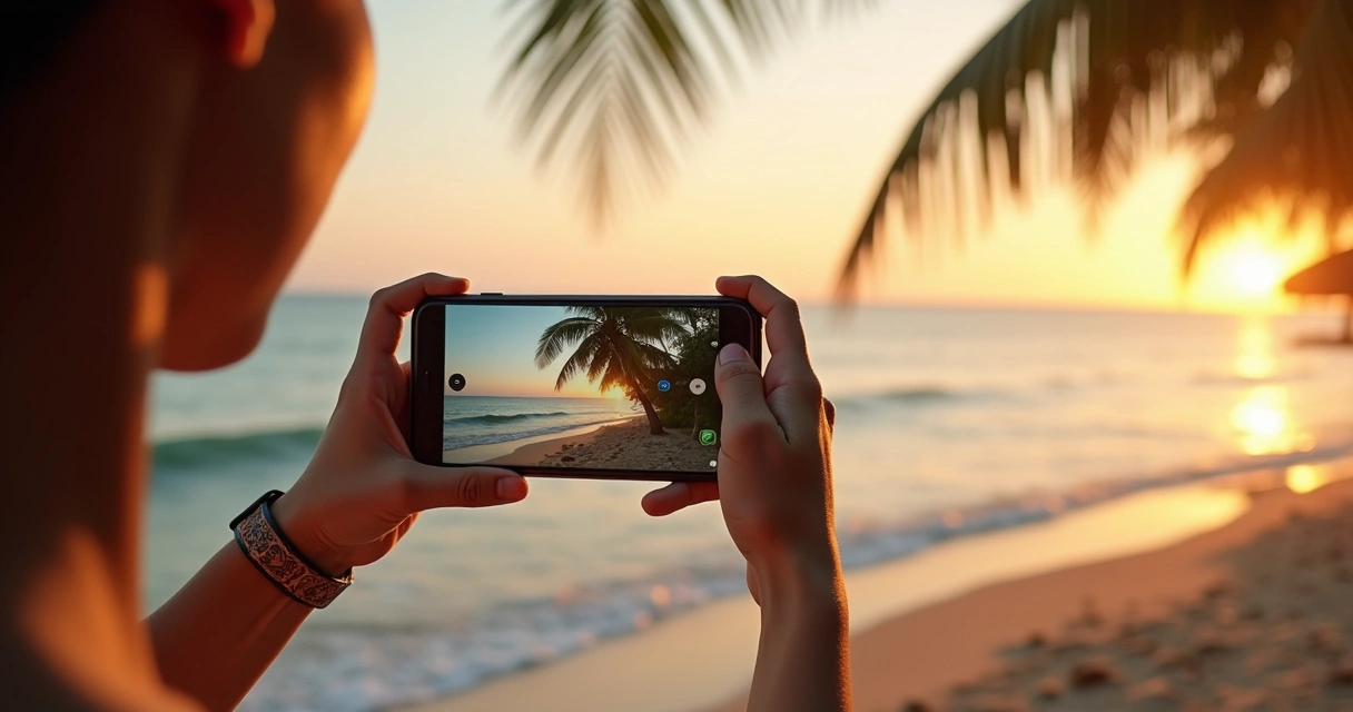 Pessoa gravando vídeo com celular na praia de Ilhéus