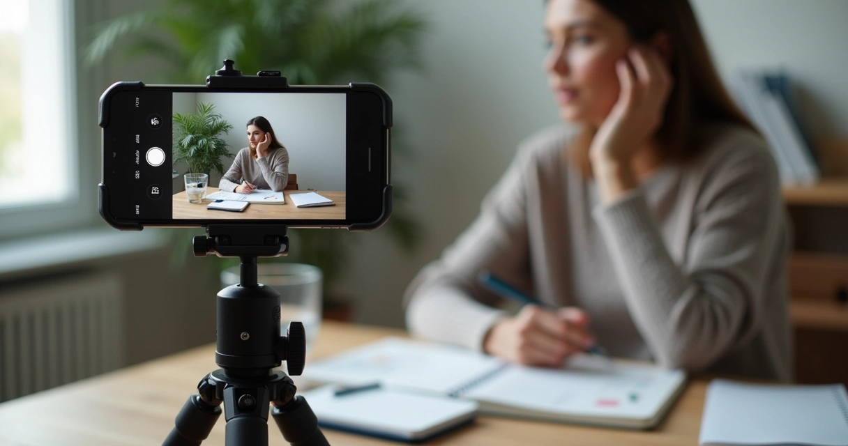 Pessoa gravando vídeo com celular e roteiro ao lado 