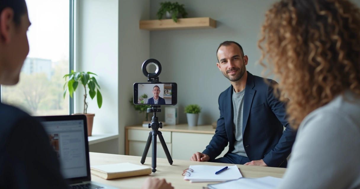 Pessoa gravando conteúdo em home office bem iluminado