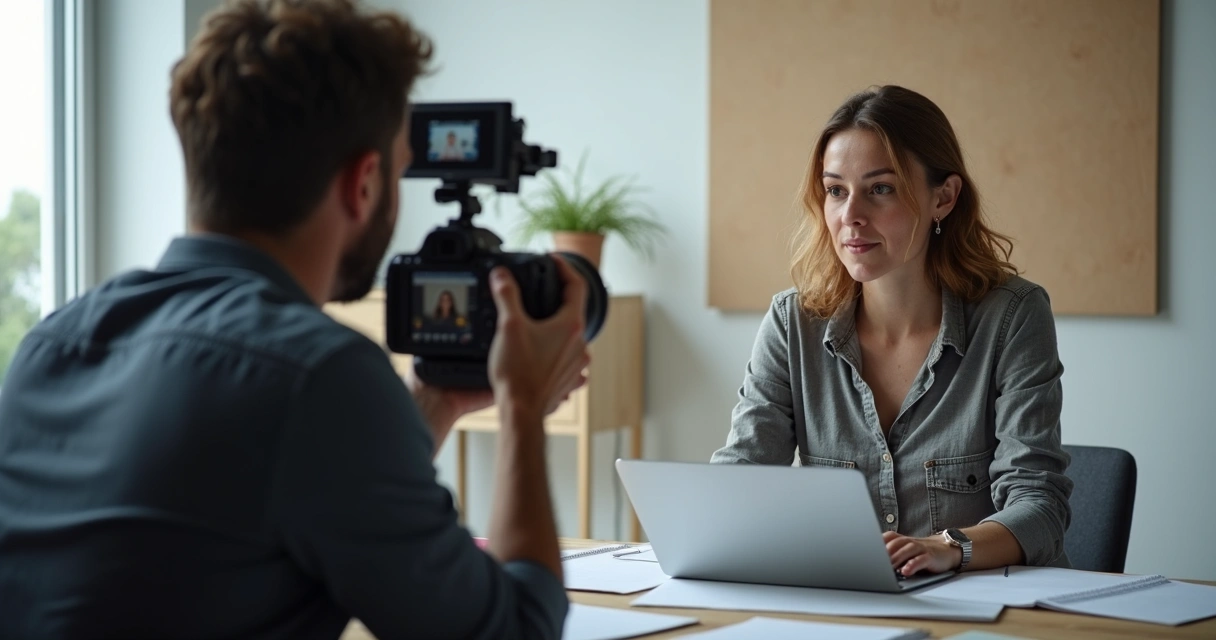 Mentor gravando curso online em estúdio iluminado, notebook na frente, câmera e anotações 