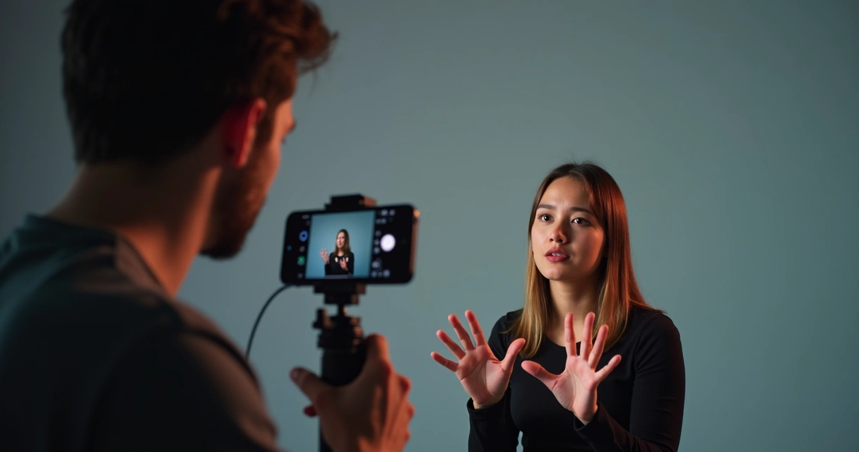 Gravação de curta dramático com atriz em cena vertical 